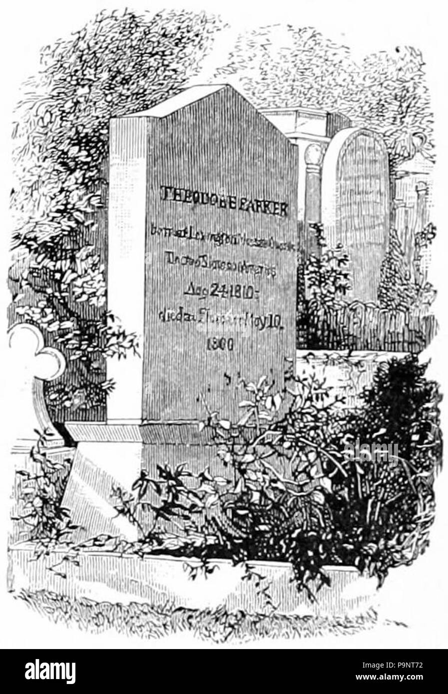 . Drawing of first grave headstone of United States clergyman Theodore Parker in the Protestant cemetery in Florence, Italy. It was later replaced. published 1900 144 Appletons' Parker Theodore headstone Stock Photo