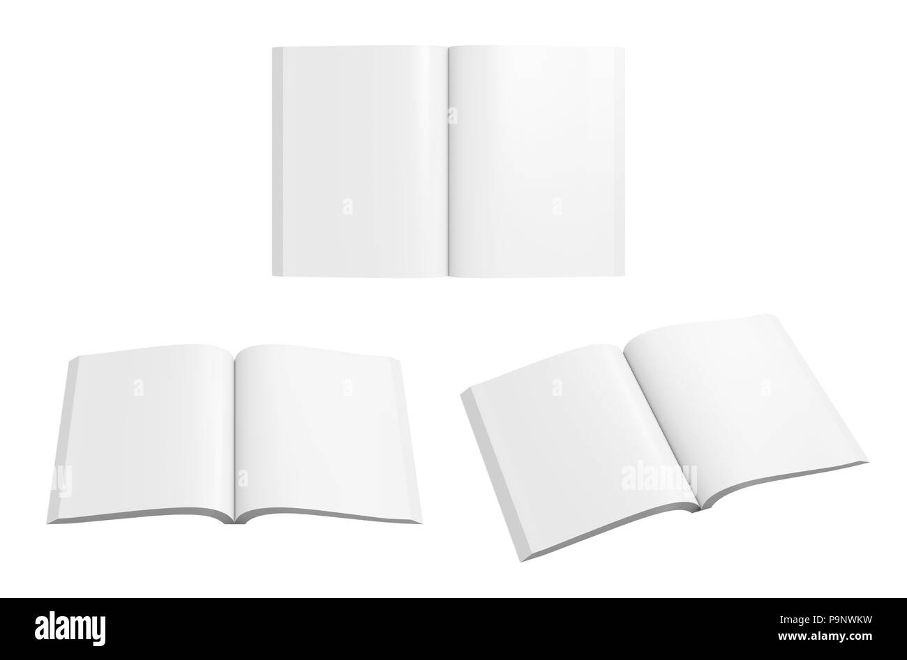 Set of different views of blank open vertical soft cover book with glossy paper. Isolated  on white background. Stock Photo