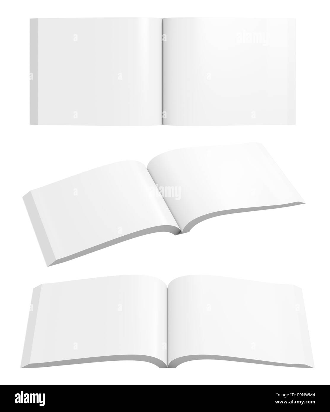Set of different views of blank open horizontal soft cover book with glossy paper. Isolated  on white background. Stock Photo