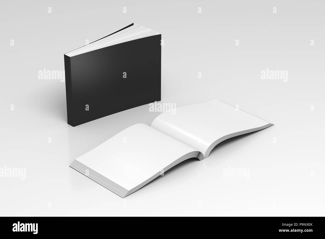 Blank black horizontal soft cover books open and standing on white