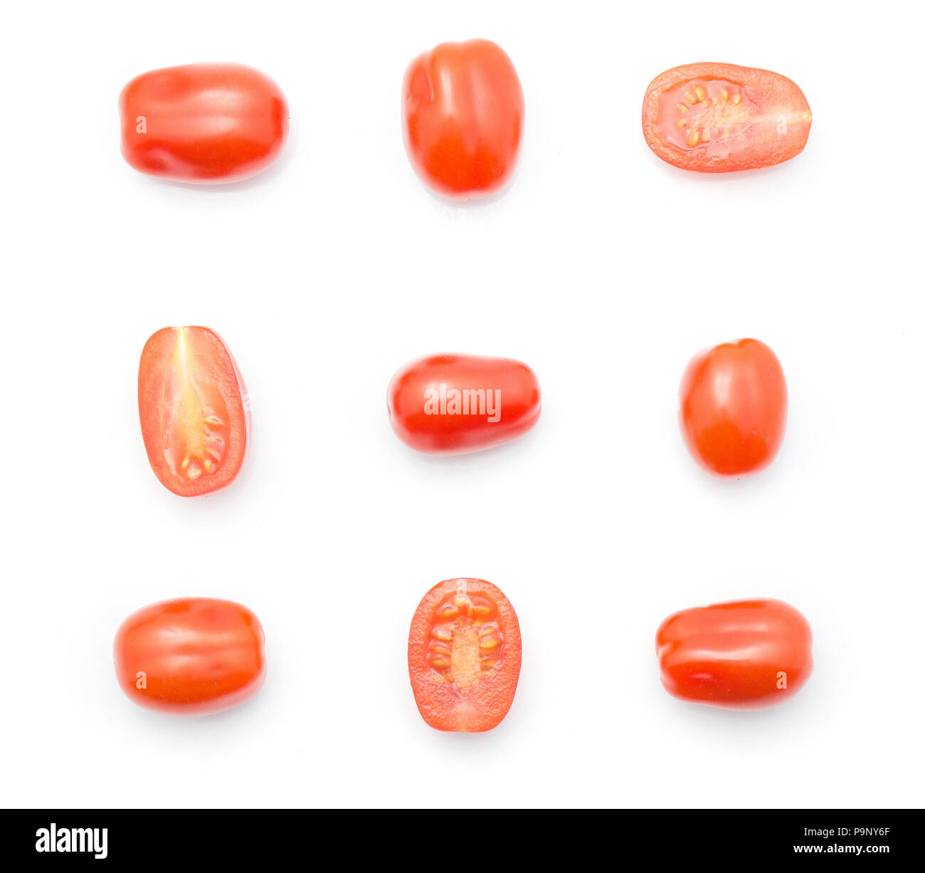 Cherry tomatoes top view pattern collection isolated on white background Stock Photo