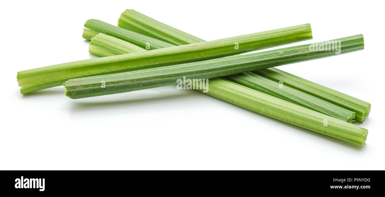 Five fresh celery sticks isolated on white background Stock Photo