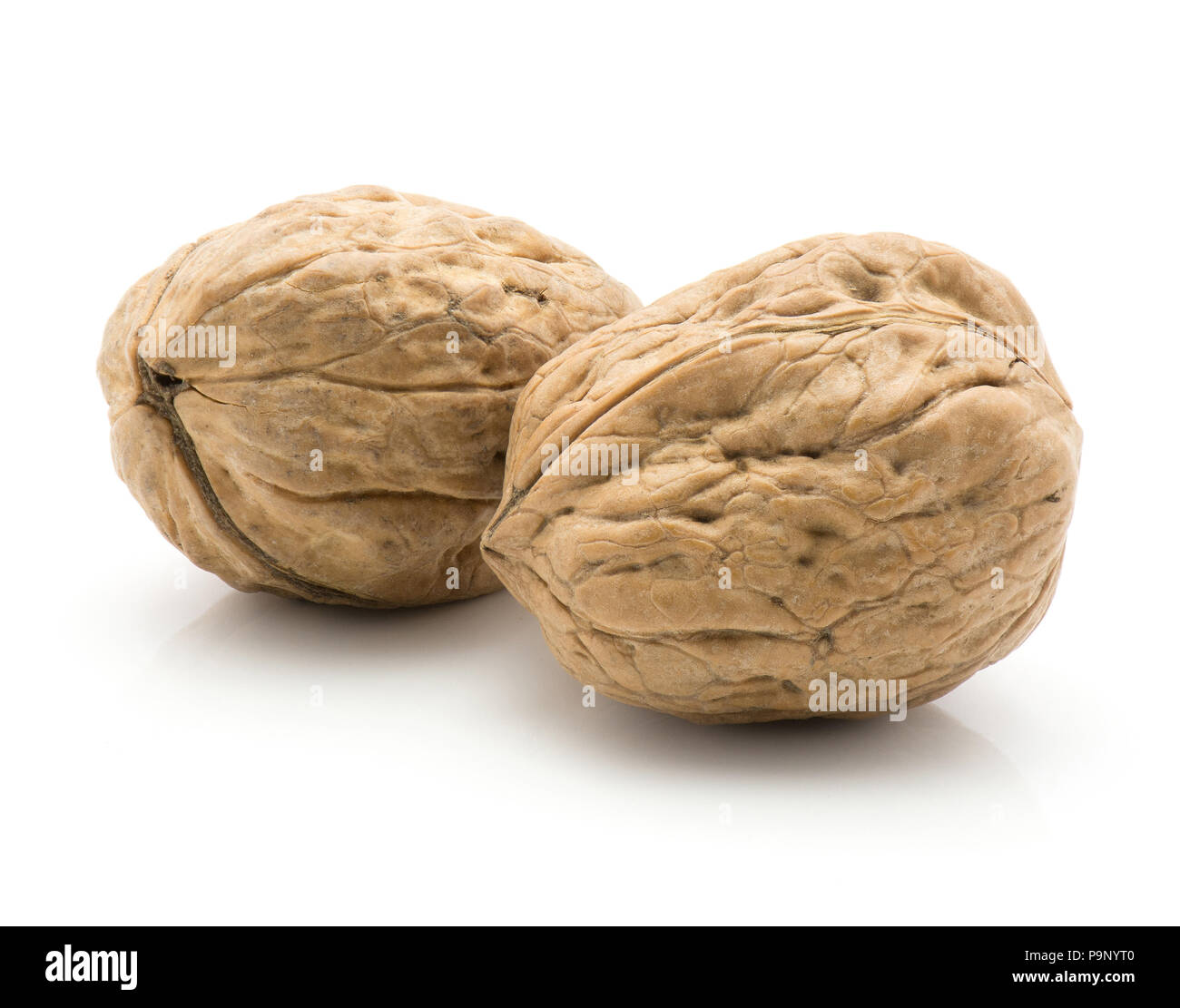 Two unshelled walnuts isolated on white background Stock Photo