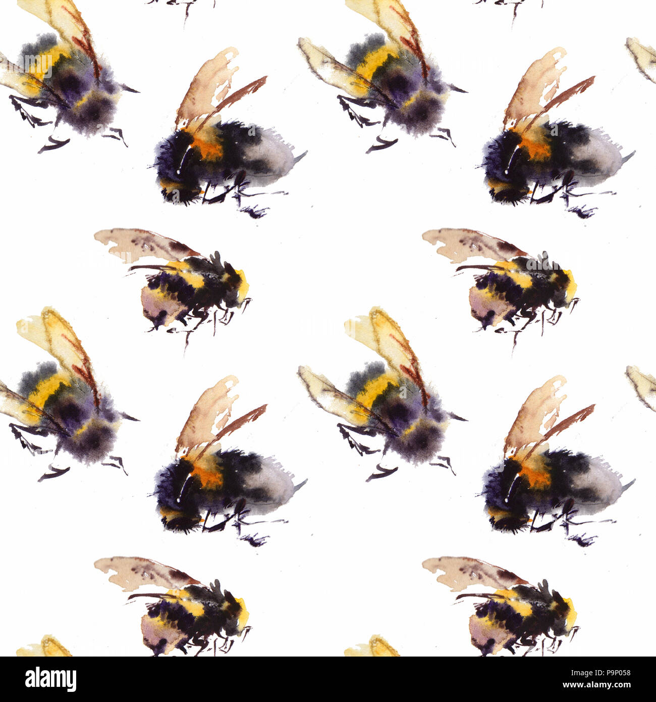 Watercolor bees seamless pattern isolated on white background. hand drawn watercolor illustration Stock Photo