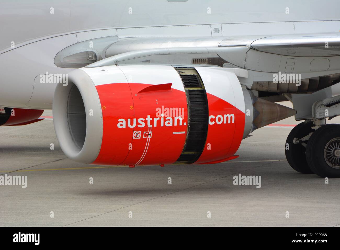 Thrust reverse during landing at LOWG, Graz airport, Austriaground Stock Photo