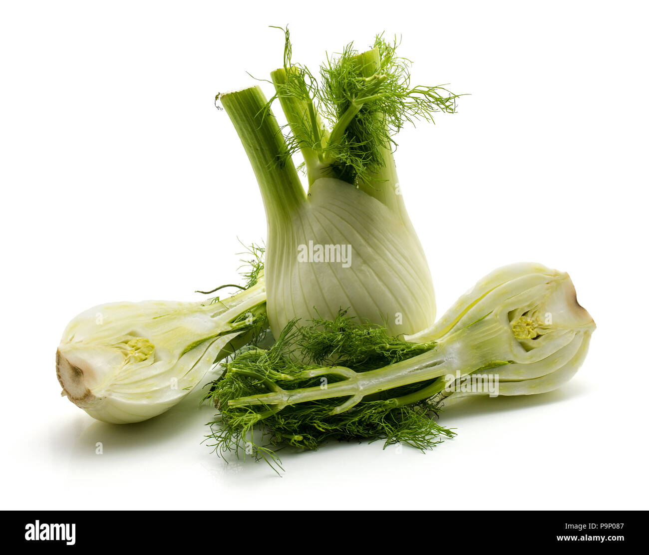 Florence fennel isolated on white background one whole bulb and two halves Stock Photo Alamy