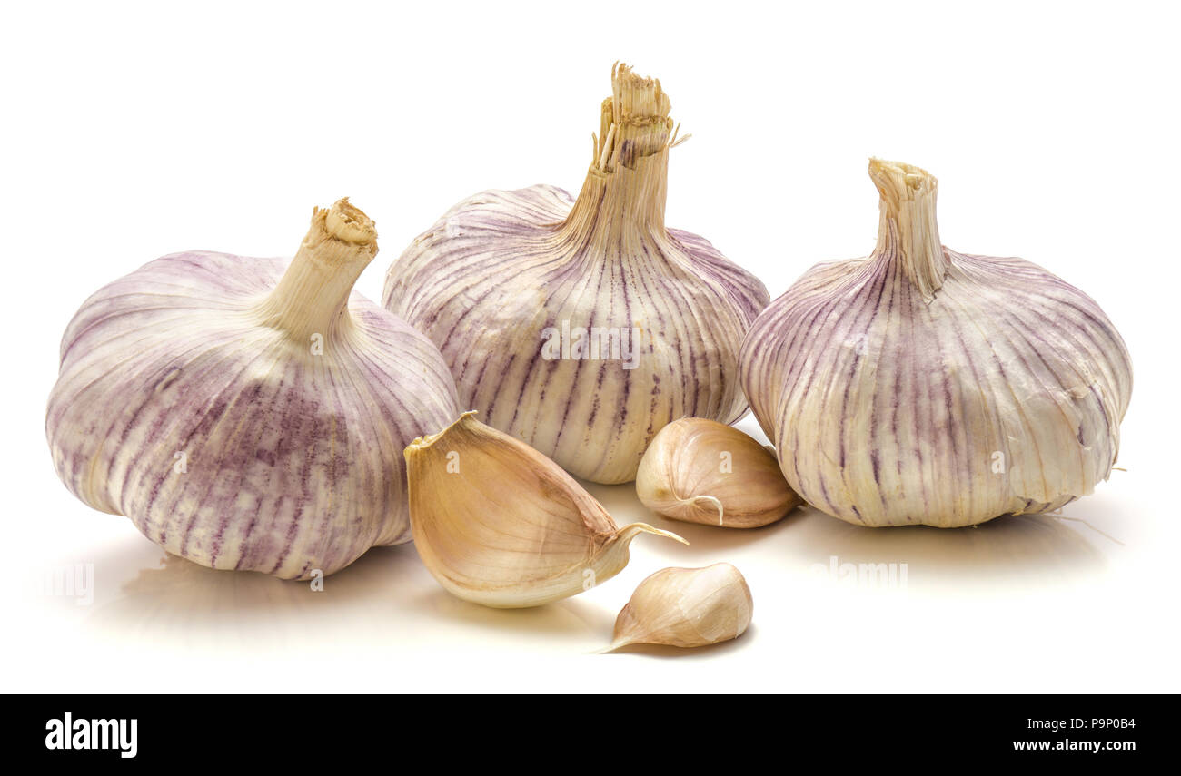 Garlic isolated on white background three bulbs three cloves Stock Photo