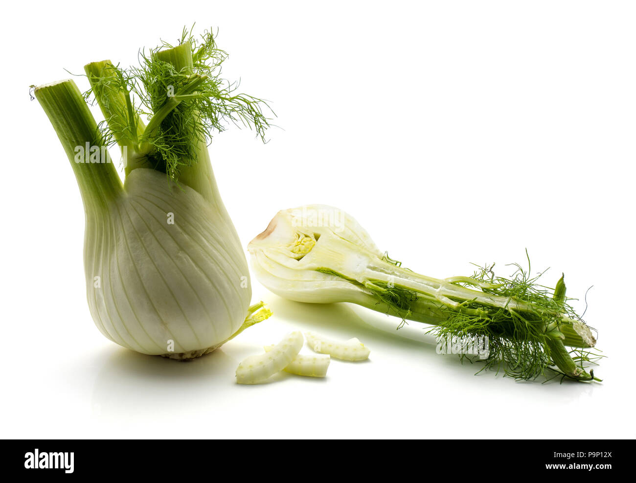 Sliced florence fennel isolated on white background one bulb one half