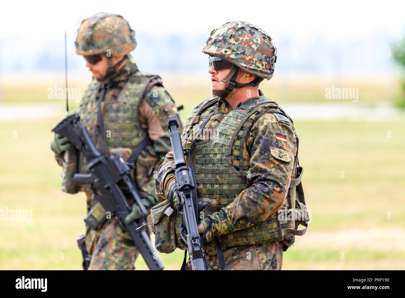 FELDKIRCHEN / GERMANY - JUNE 9, 2018: German soldier on an exercise at open day on day of the Bundeswehr in Feldkirchen Stock Photo