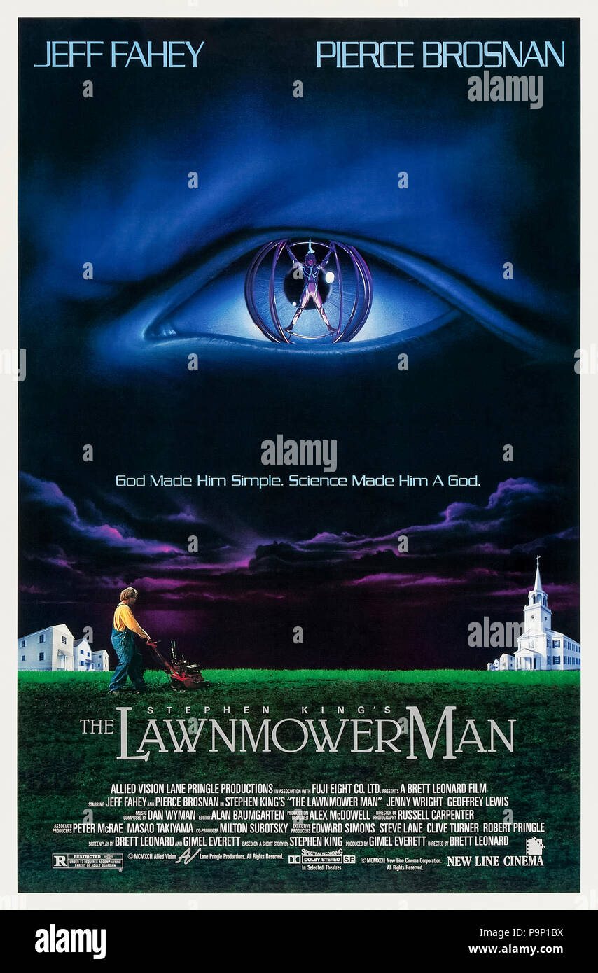 The Lawnmower Man (1992) directed by Brett Leonard and starring Jeff Fahey, Pierce Brosnan, Jenny Wright and Mark Bringelson. A simple gardener turns into a genius via a scientific experiment with some unexpected consequences. Stock Photo