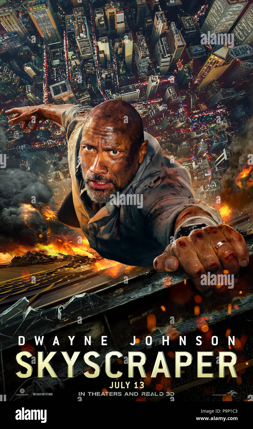 Skyscraper (2018) directed by Rawson Marshall Thurber and starring Dwayne Johnson, Neve Campbell, Pablo Schreiber and Noah Taylor. A security expert must rescue his family from a skyscraper that has been set alight. Stock Photo