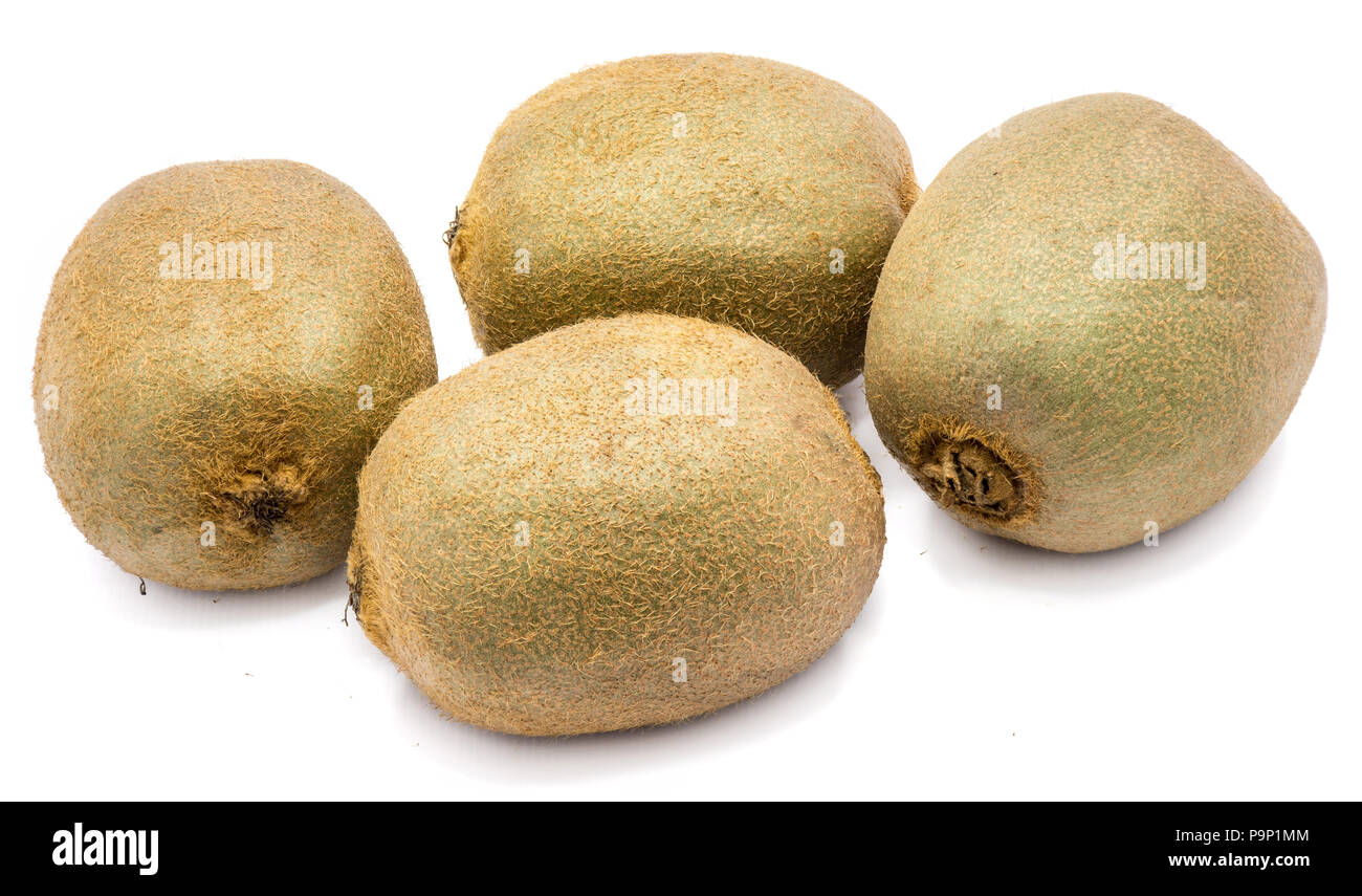 Group of four whole fuzzy kiwi fruits (Chinese gooseberry) isolated on