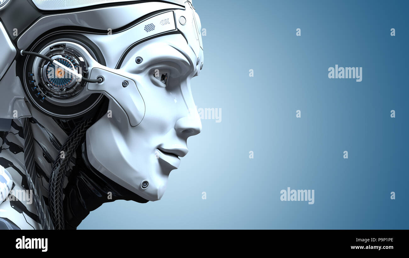 Closeup portrait of robot head. Artificial design concept. 3d render Stock  Photo - Alamy