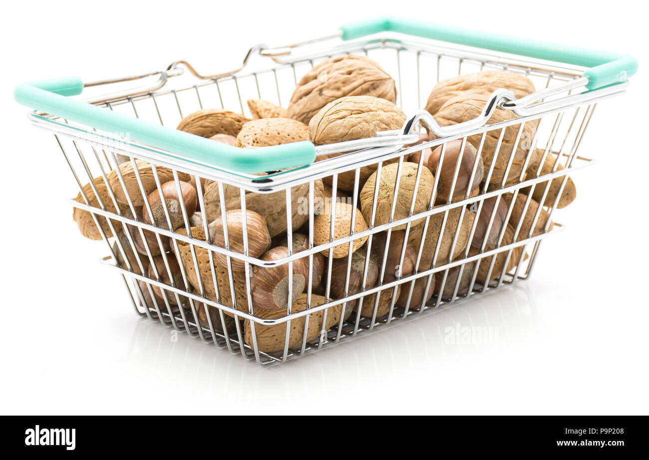 Nuts in a shopping basket mix (walnut, hazelnut and almond) isolated on white background Stock Photo