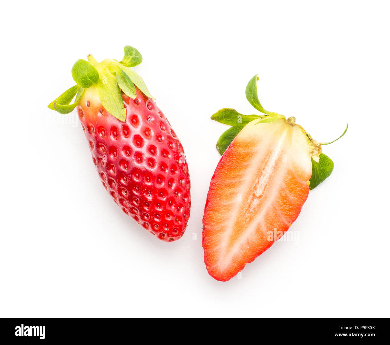 Garden strawberry top view one whole one section half compare isolated on white background Stock Photo