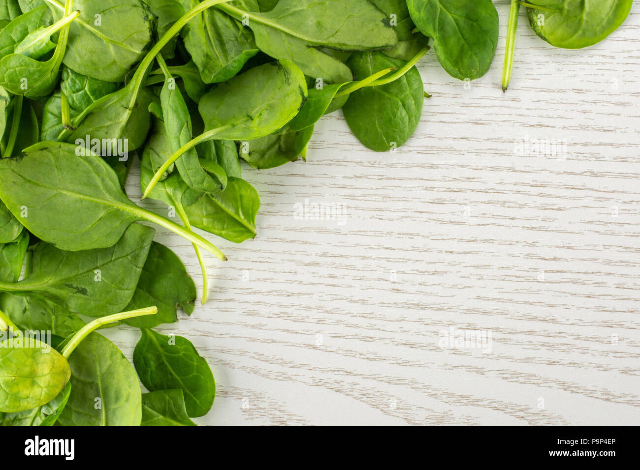 Fresh baby spinach leaves top view on grey wood background left upper corner Stock Photo