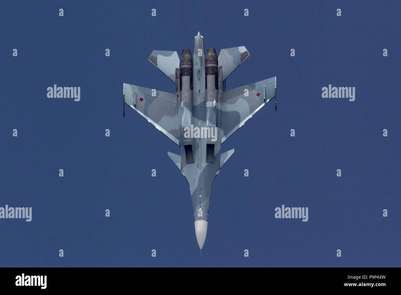 The Sukhoi Su-30SM jet fighter of Russian Navy performs its demonstration flight at MAKS-2015 airshow near Zhukovsky, Moscow Region, Russia. Stock Photo