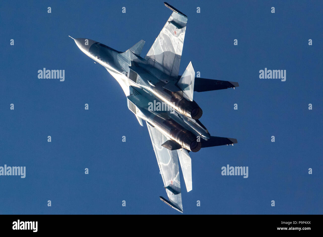 The Sukhoi Su-30SM jet fighter of Russian Navy performs its demonstration flight at MAKS-2015 airshow near Zhukovsky, Moscow Region, Russia Stock Photo