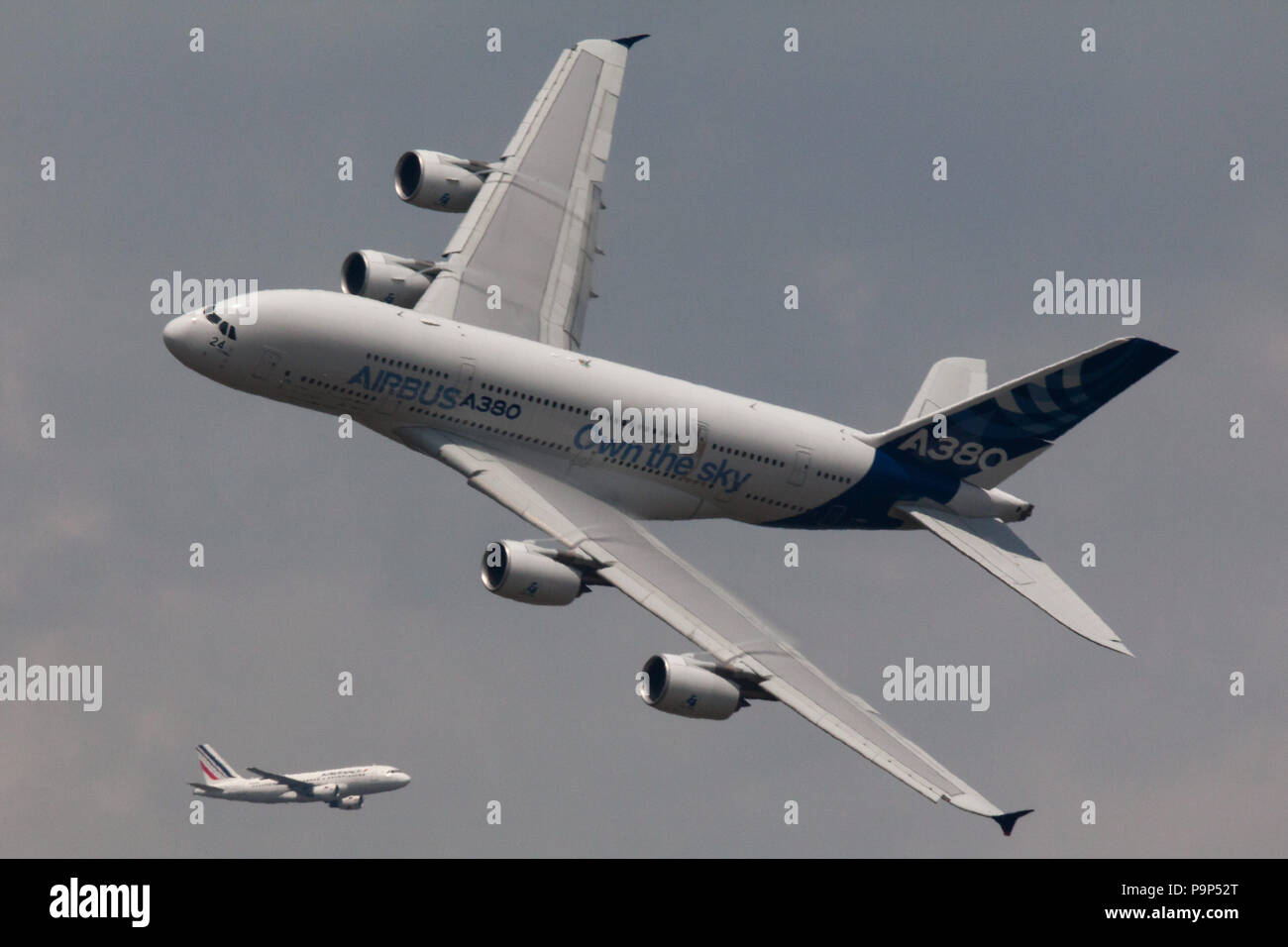 The Airbus A380 widebody civil jet airplane performs its demonstration flight during the Paris Airshow-2013 over Le Bourget, France Stock Photo