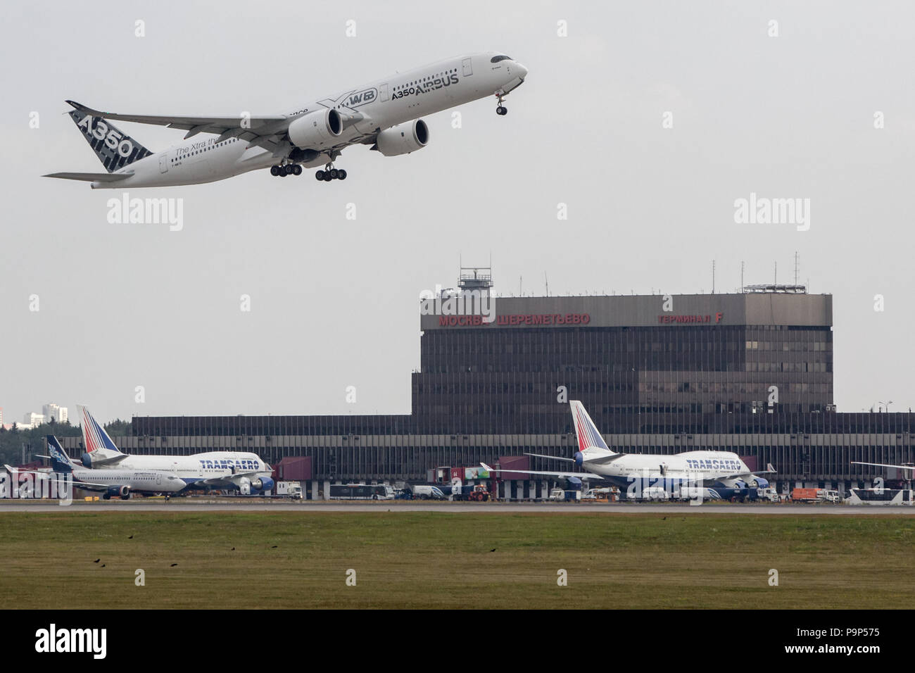 The Airbus A350 XWB civil jet airplane takes off from Moscow-Sheremetyevo airport during its worldwide tour. Stock Photo