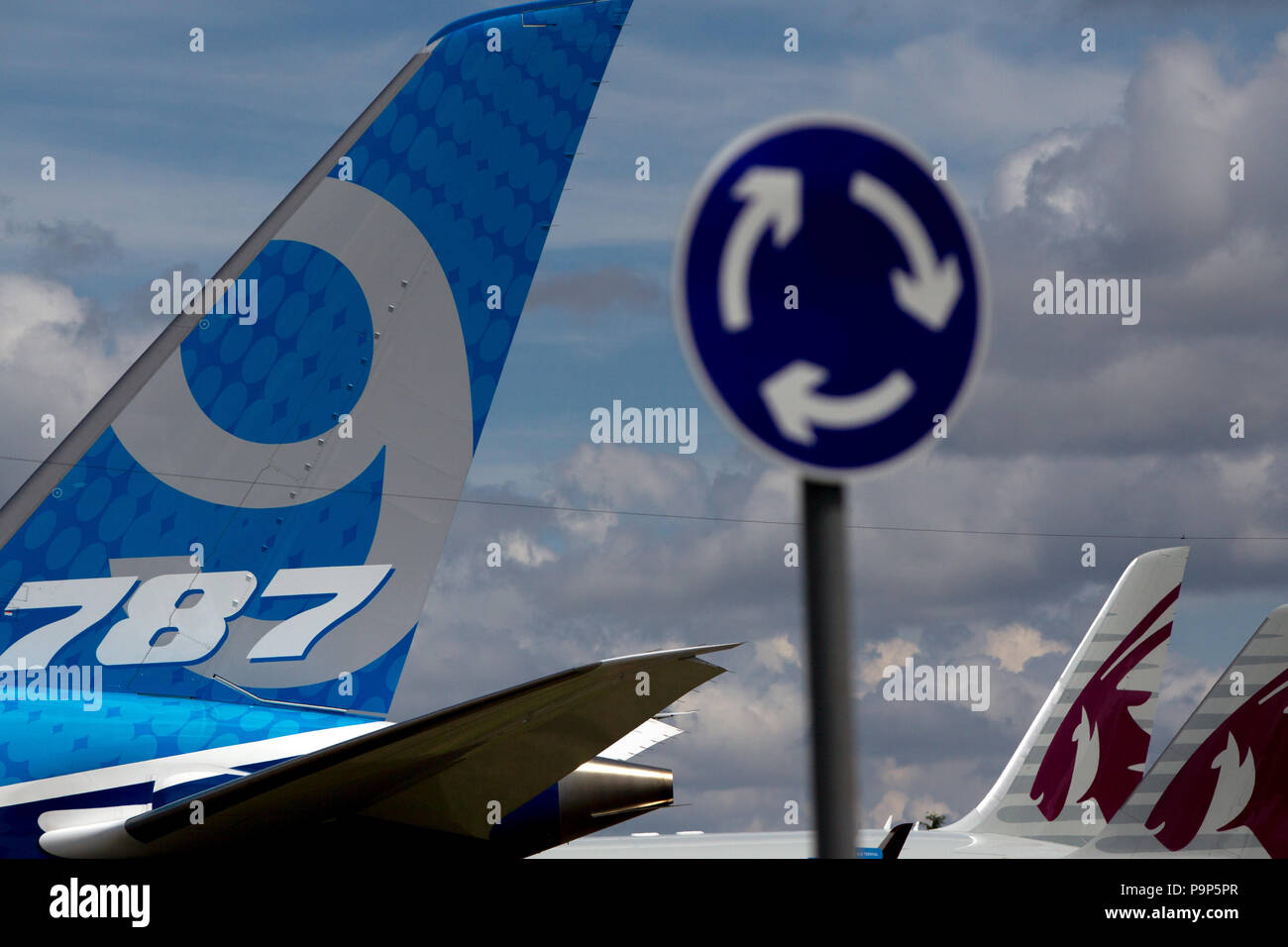 The Boeing 787-9 civil jet airplane and aircrafts of Qatar Airways at Farnborough International Airshow, UK Stock Photo