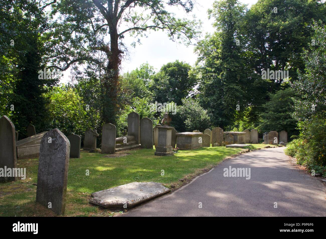 Church burial grounds or graveyard at St Mary's Church of England on Harrow-On-The-Hill Stock Photo