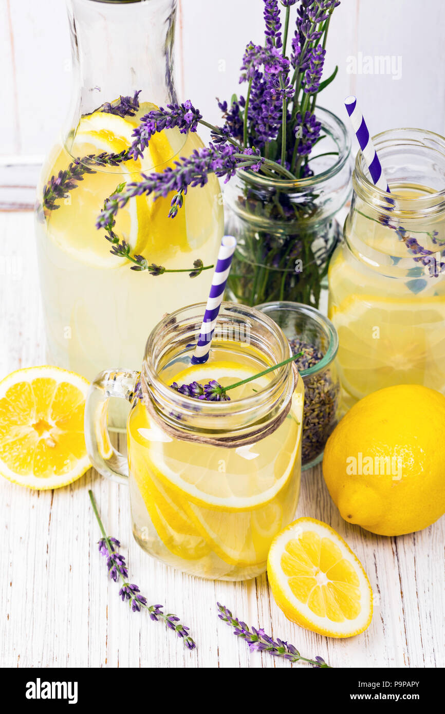 Detox Lemonade Water with Lemons and Lavender Stock Photo