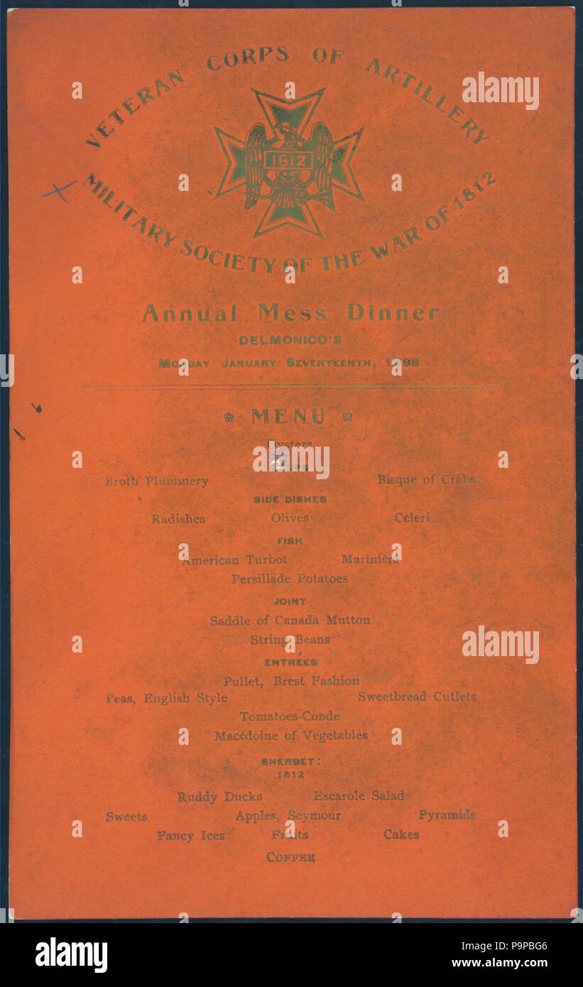 139 ANNUAL MESS DINNER (held by) VETERAN CORPS OF ARTILLERY-MILITARY SOCIETY OF THE WAR OF 1812 (at) &quot;DELMONICO'S, NEW YORK, NY&quot; (HOTEL) (NYPL Hades-271132-470840) Stock Photo