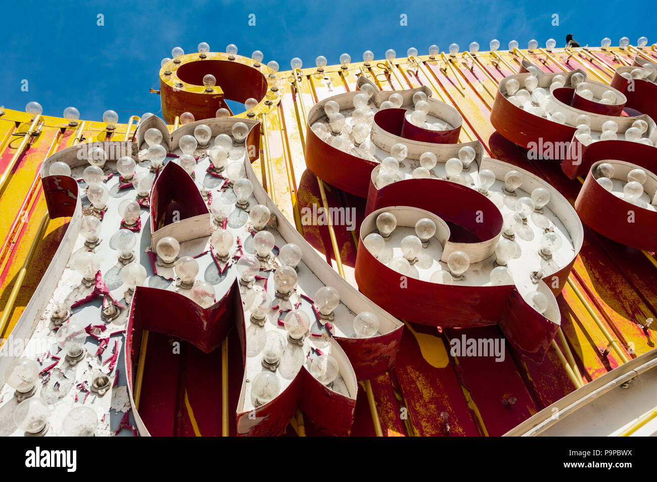 Close Up Details Of Old Signs With Vintage Light Bulbs Metal Letters Peeling Paint Colorful Abstract Signage Painted Details And Complex Texture Stock Photo Alamy