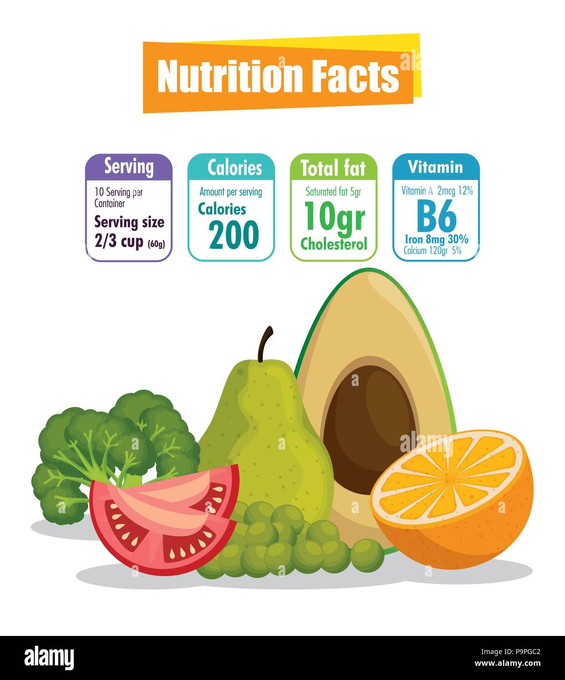 healthy food with nutritional facts vector illustration design Stock