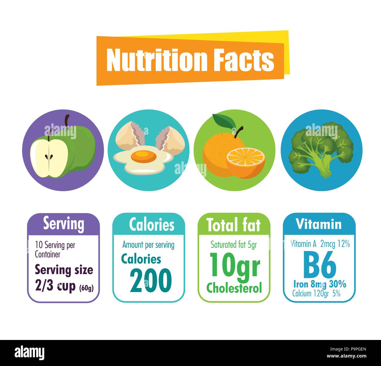 healthy food with nutritional facts vector illustration design Stock