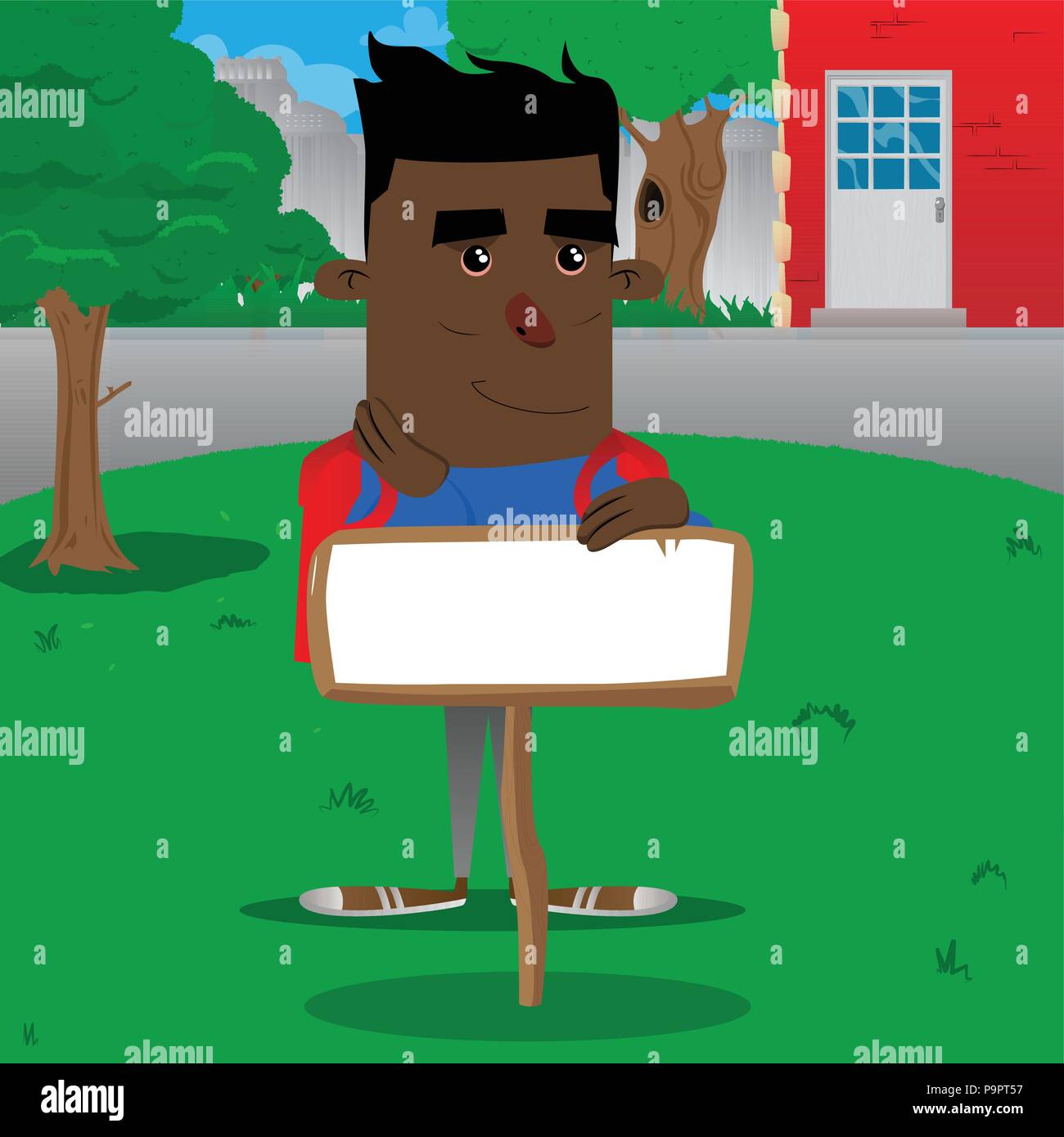 Schoolboy with blank paper on wood. Vector cartoon character