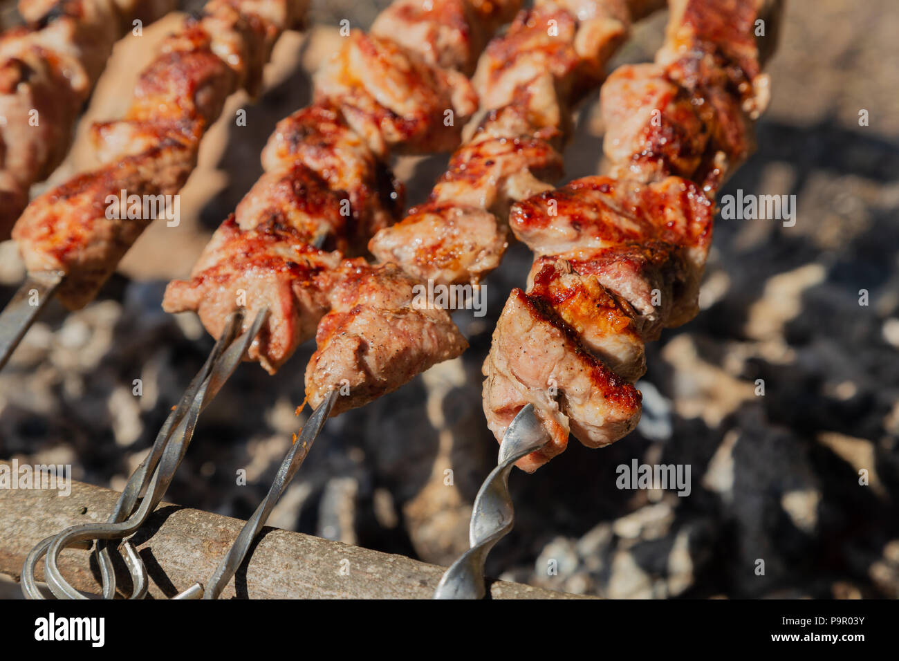 Shish kebab roast on charcoal. Shish kebab on skewers in the forest