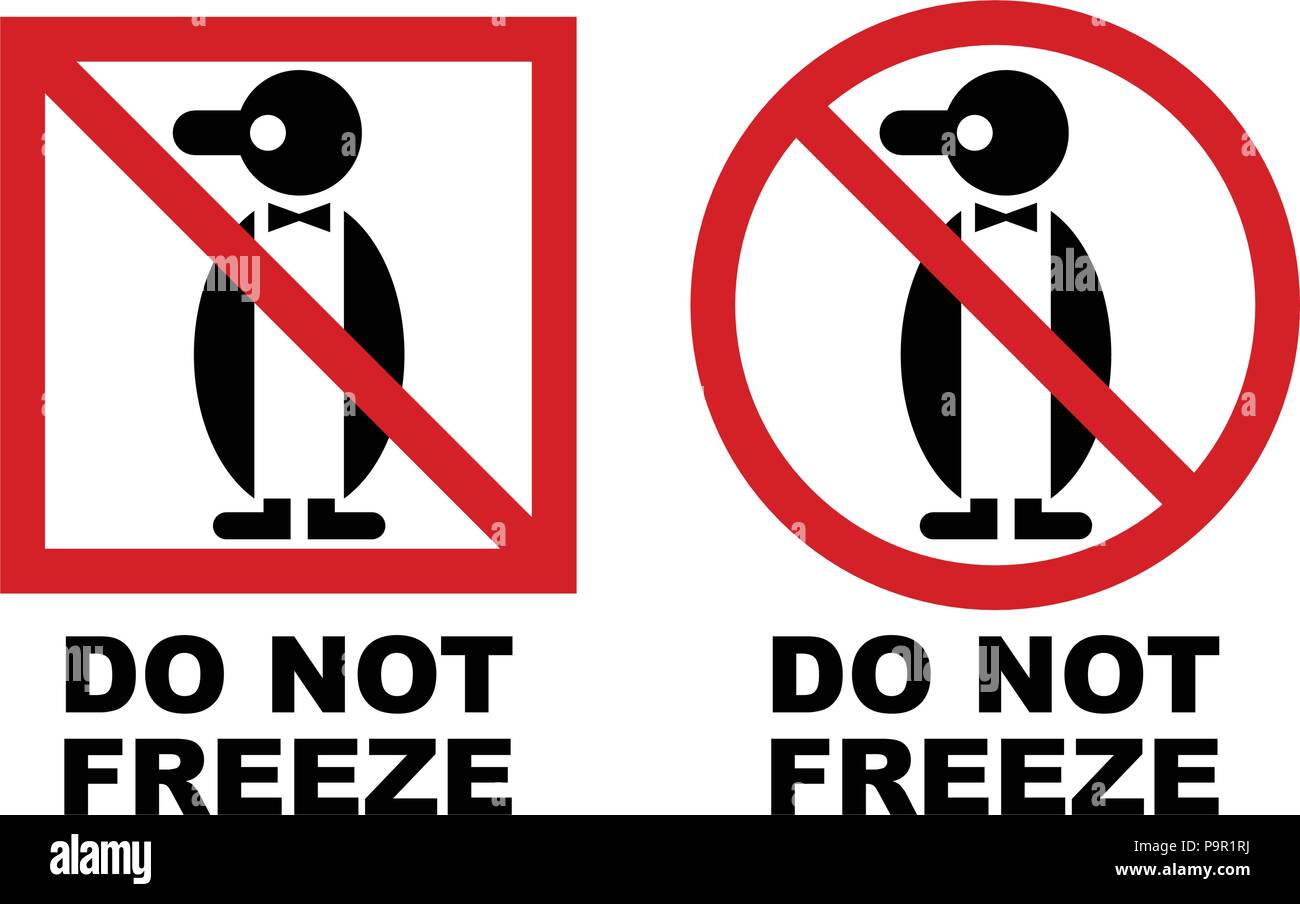 Do not freeze symbol. Red crossed penguin drawing with text under. Square and circle version. Stock Vector