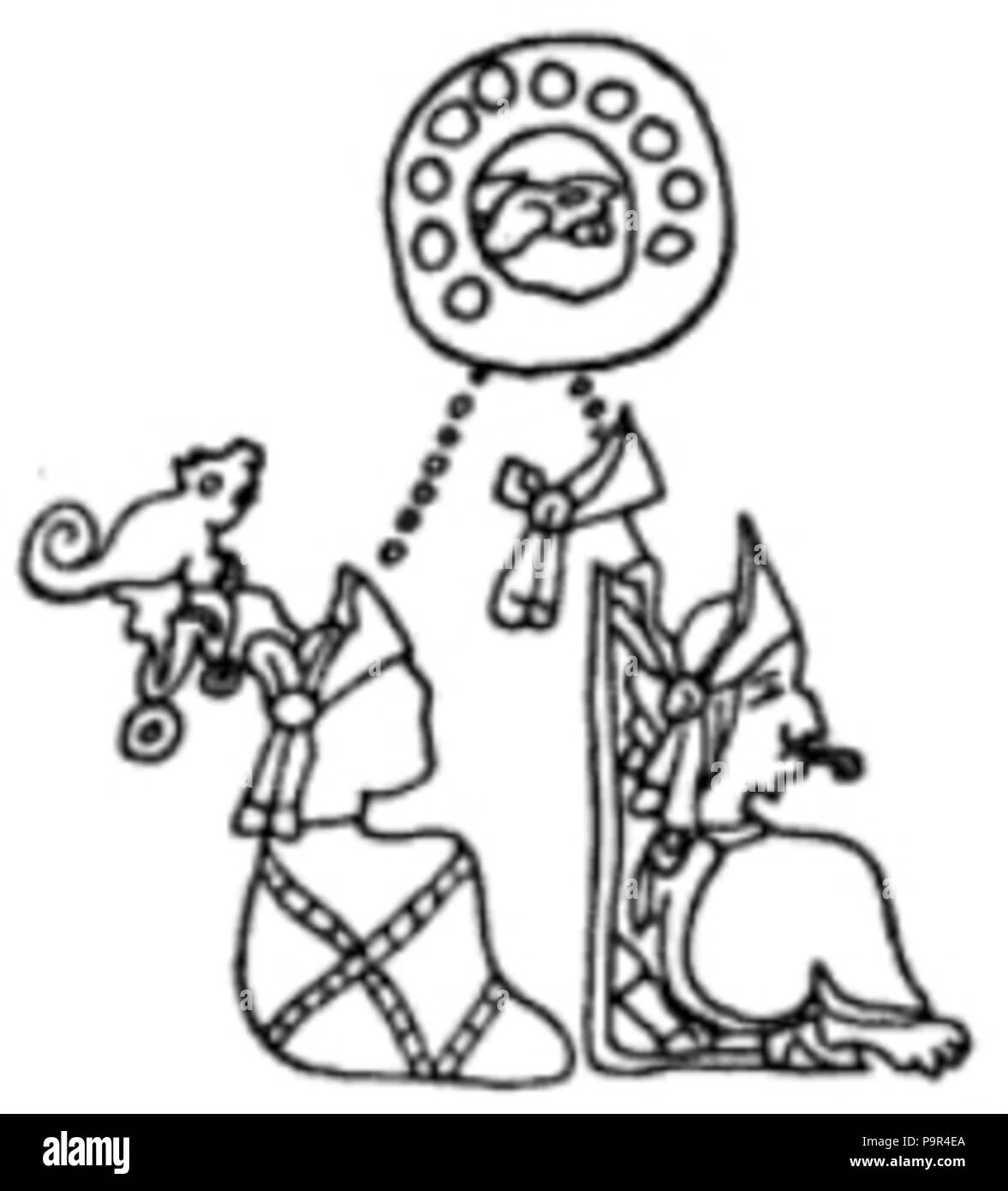 . English: Historical events represented in the Aztec hieroglyphic manuscripts.The drawing on the left shows the death of the Aztec ruler, Ahuitzotl, in the year 10 Rabbit (1502 A.D.) and the accession of his nephew, Montezuma II. The mummy of a human figure bound with ropes, with a crown on its head, indicates the death of a ruler, a mummy being the Aztec hieroglyph for death. The little water-animal attached to the crown by a cord shows that the dead ruler's name was Ahuitzotl, that being the Aztec word for 'water-animal.' The right half of this drawing shows a man seated upon a dais, with a Stock Photo