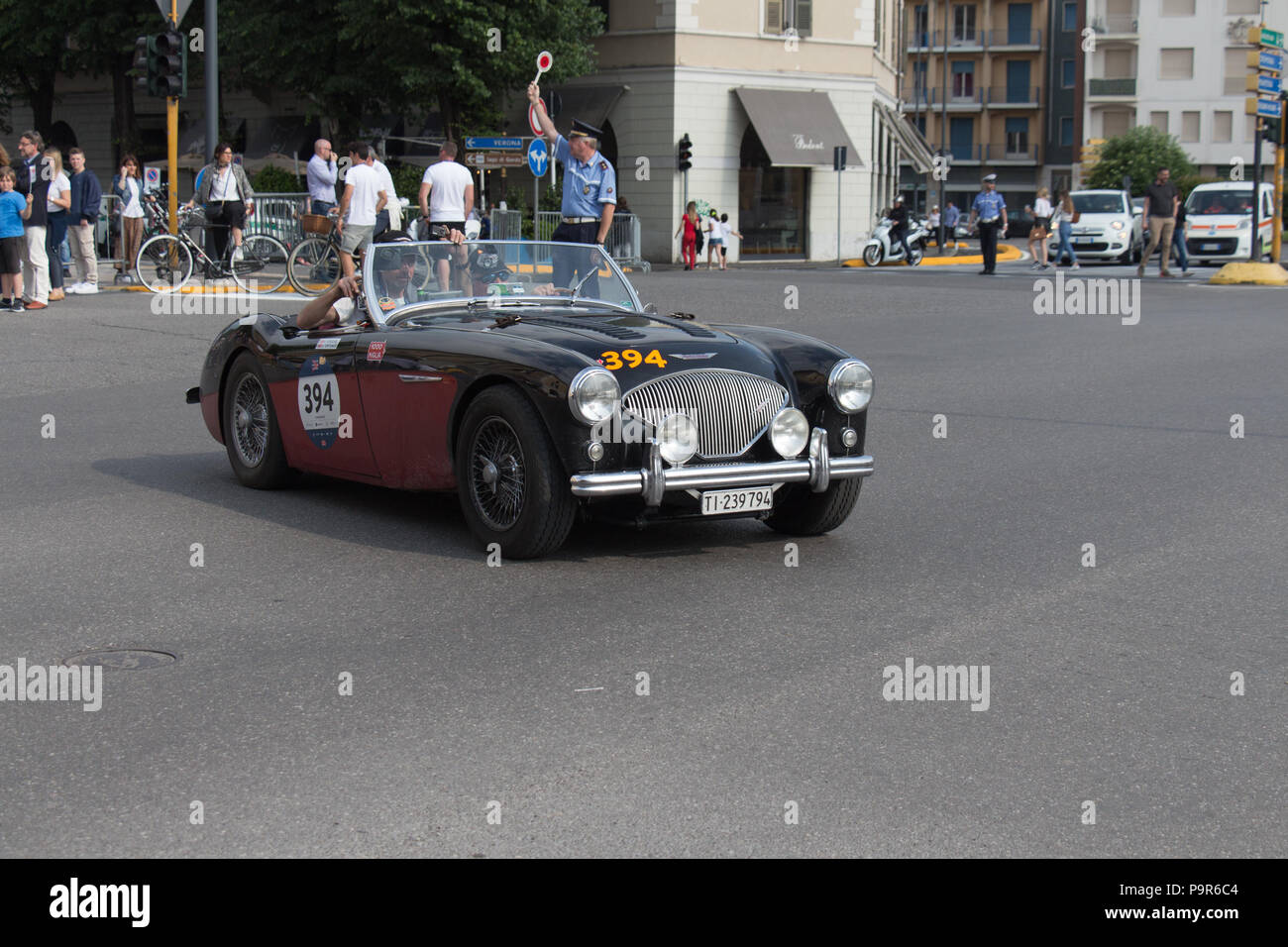 Brescia, Italy - May 19 2018: AUSTIN HEALEY 100 M BN2 1955 is an old racing car in rally Mille Miglia 2018, the famous italian historical race on May  Stock Photo