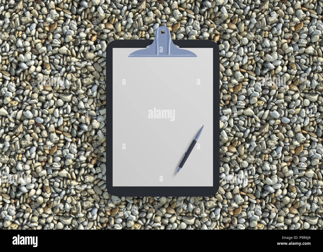 Blank clipboard with ballpen on gravel isolated with clipping path around sheet of paper. 3d illustration Stock Photo