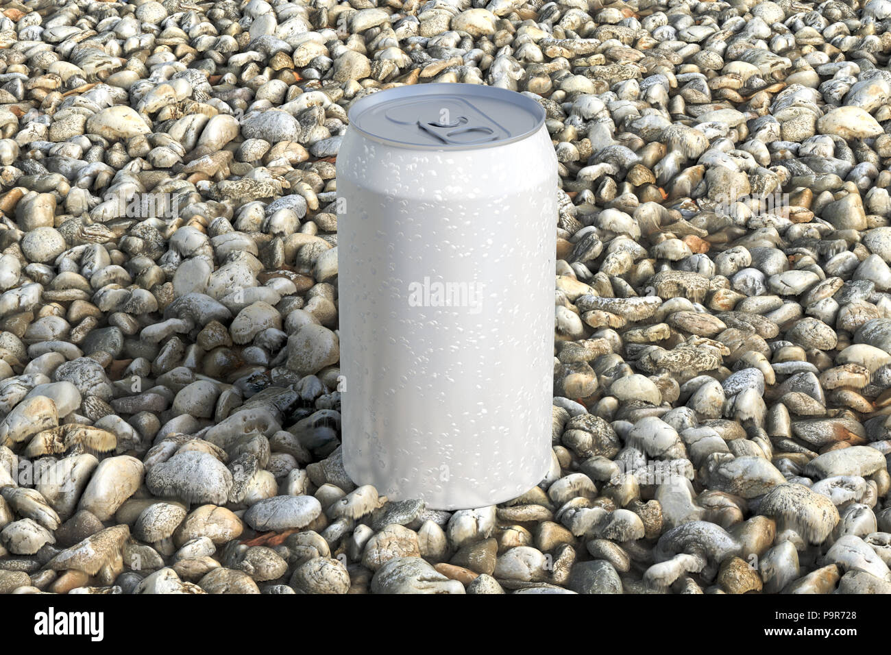 Blank white soda can with condensation drops on gravel. 3d illustration Stock Photo