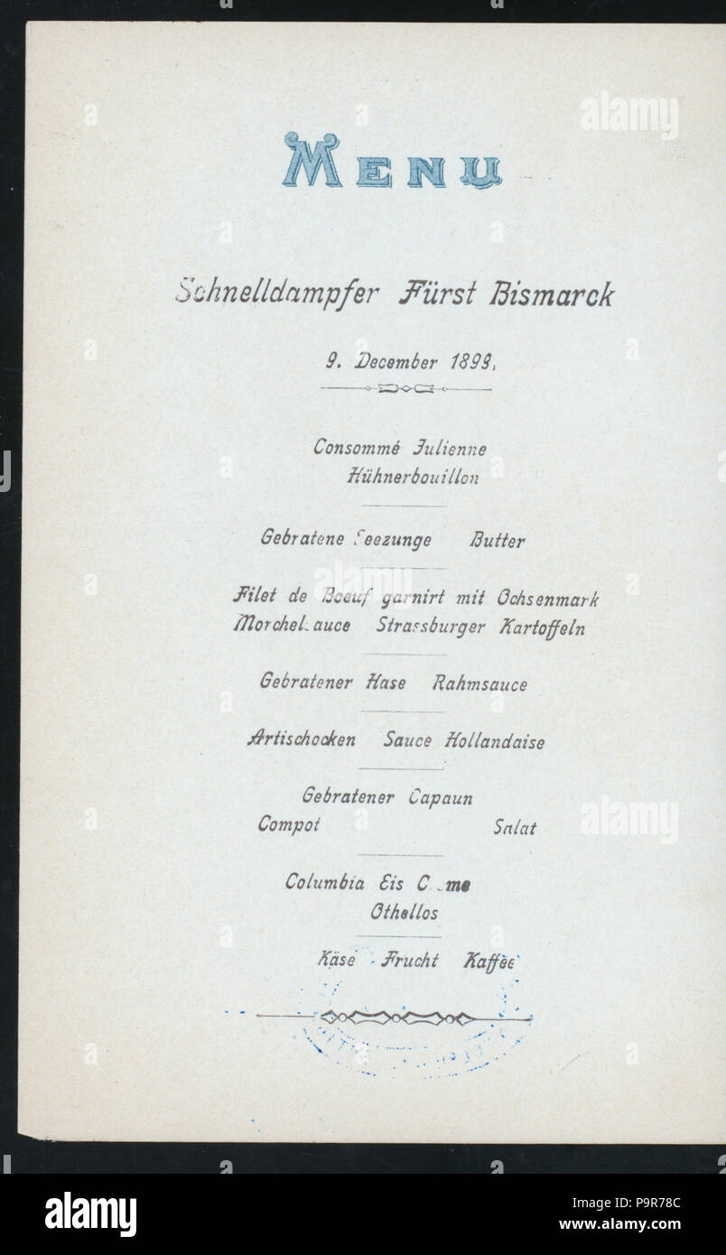 541 DINNER (held by) HAMBURG AMERIKA LINIE (at) SS FURST BISMARCK (SS;) (NYPL Hades-271962-4000006749) Stock Photo