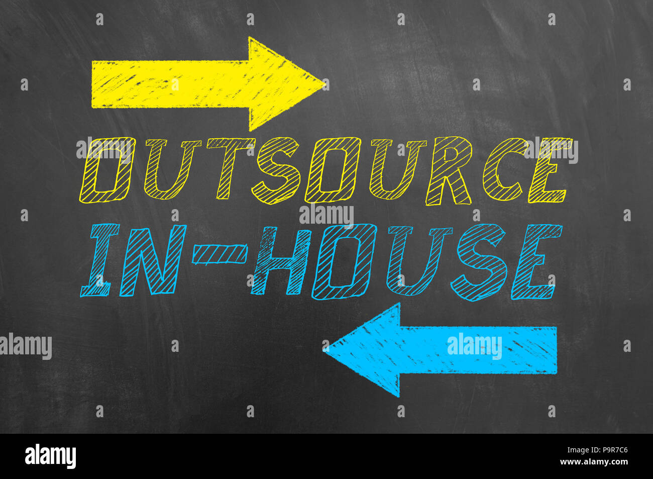 Outsource in house text and arrows drawing on blackboard or chalkboard strategic management recruitment promotion choice concept Stock Photo