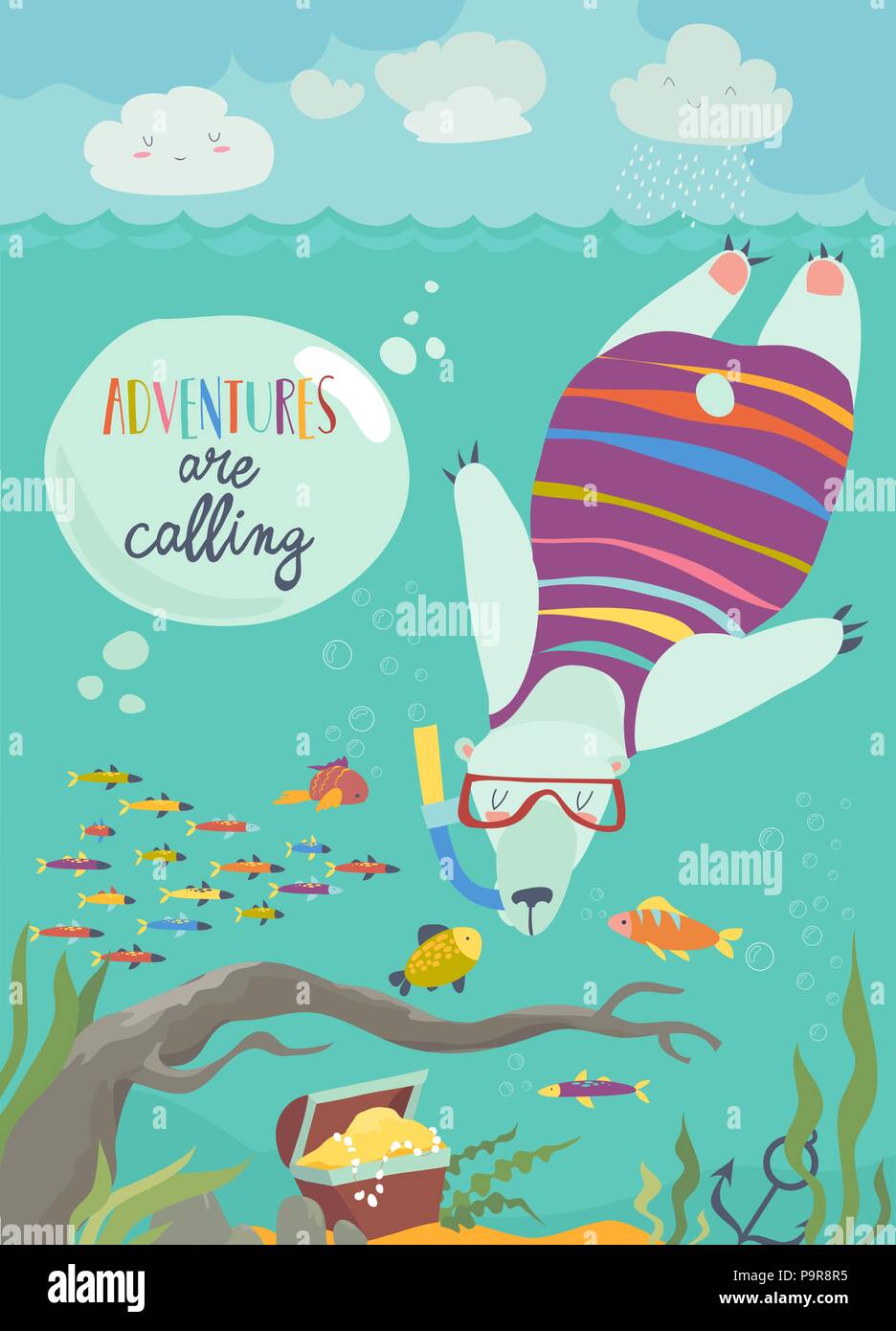 Cute polar bear snorkeling and looking at the fish Stock Vector