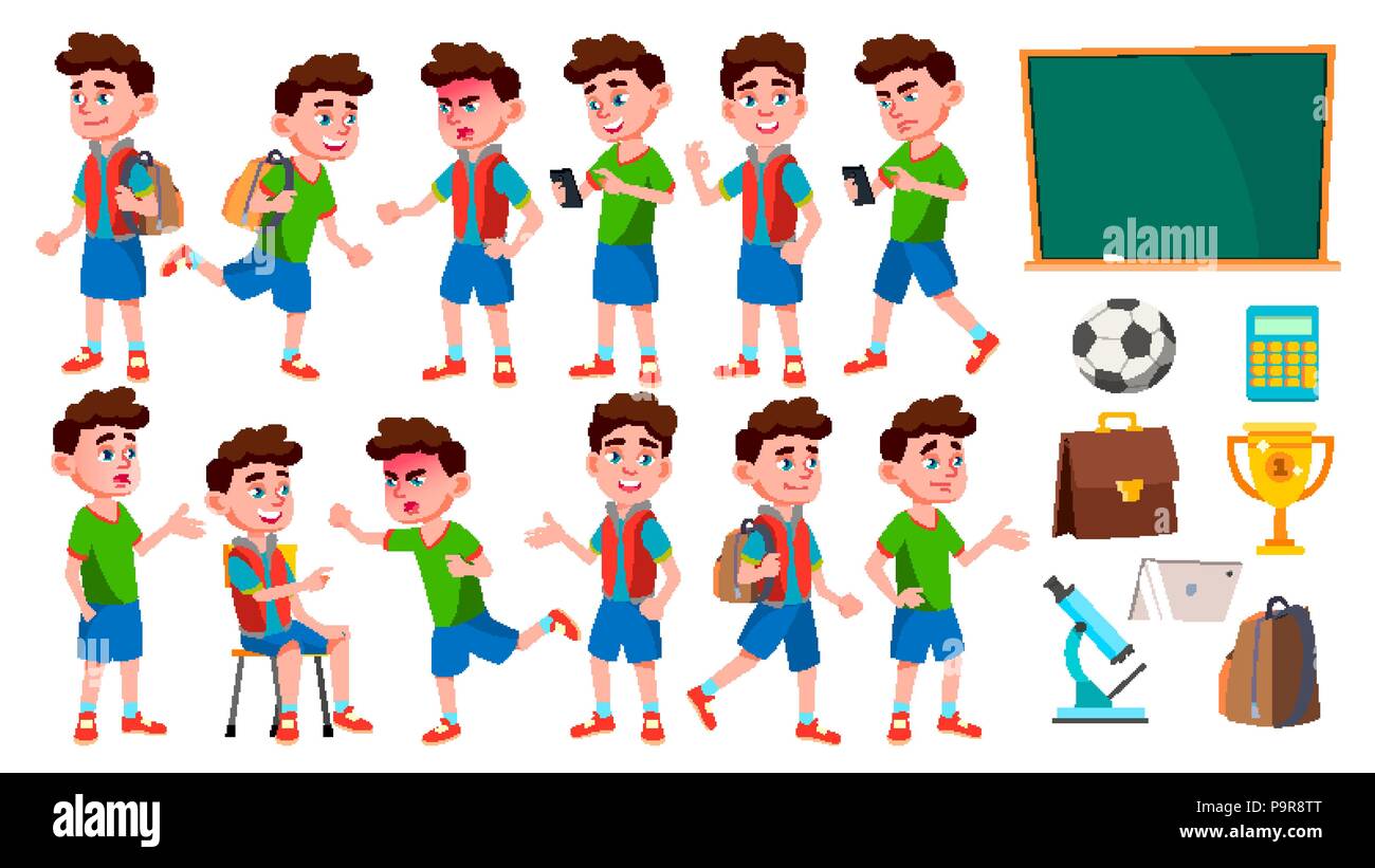 Boy Schoolboy Kid Poses Set Vector. Primary School Child. Cute Child ...