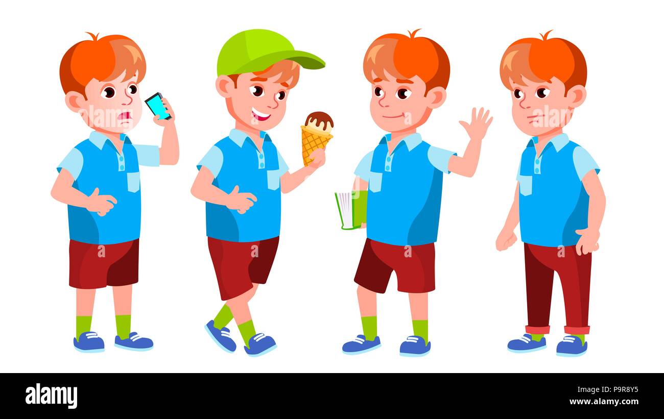 Boy Schoolboy Kid Poses Set Vector. Primary School Child. Auditorium ...