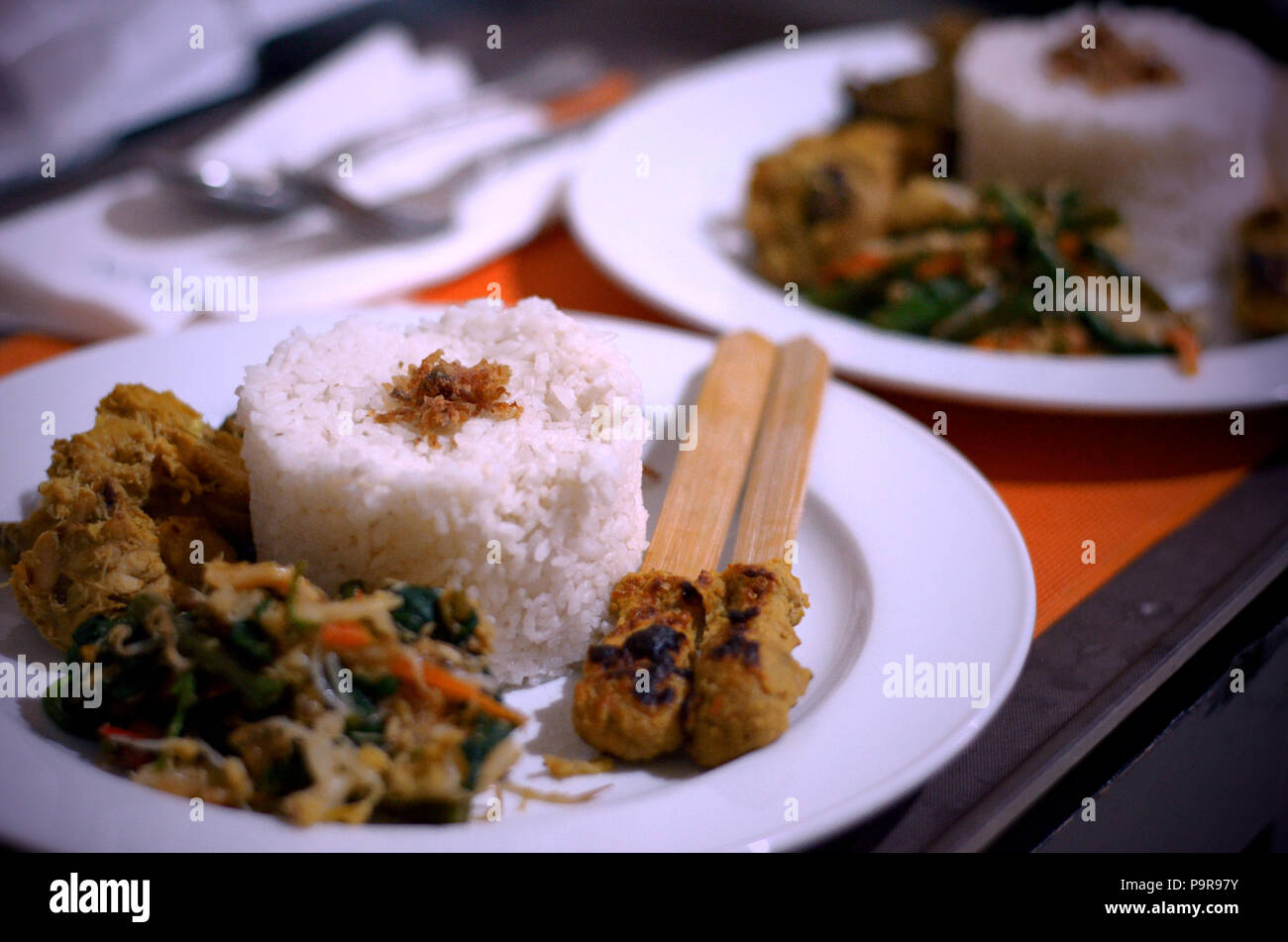 Nasi Sate Lilit Ayam, Balinese Chicken Satay with Rice Stock Photo