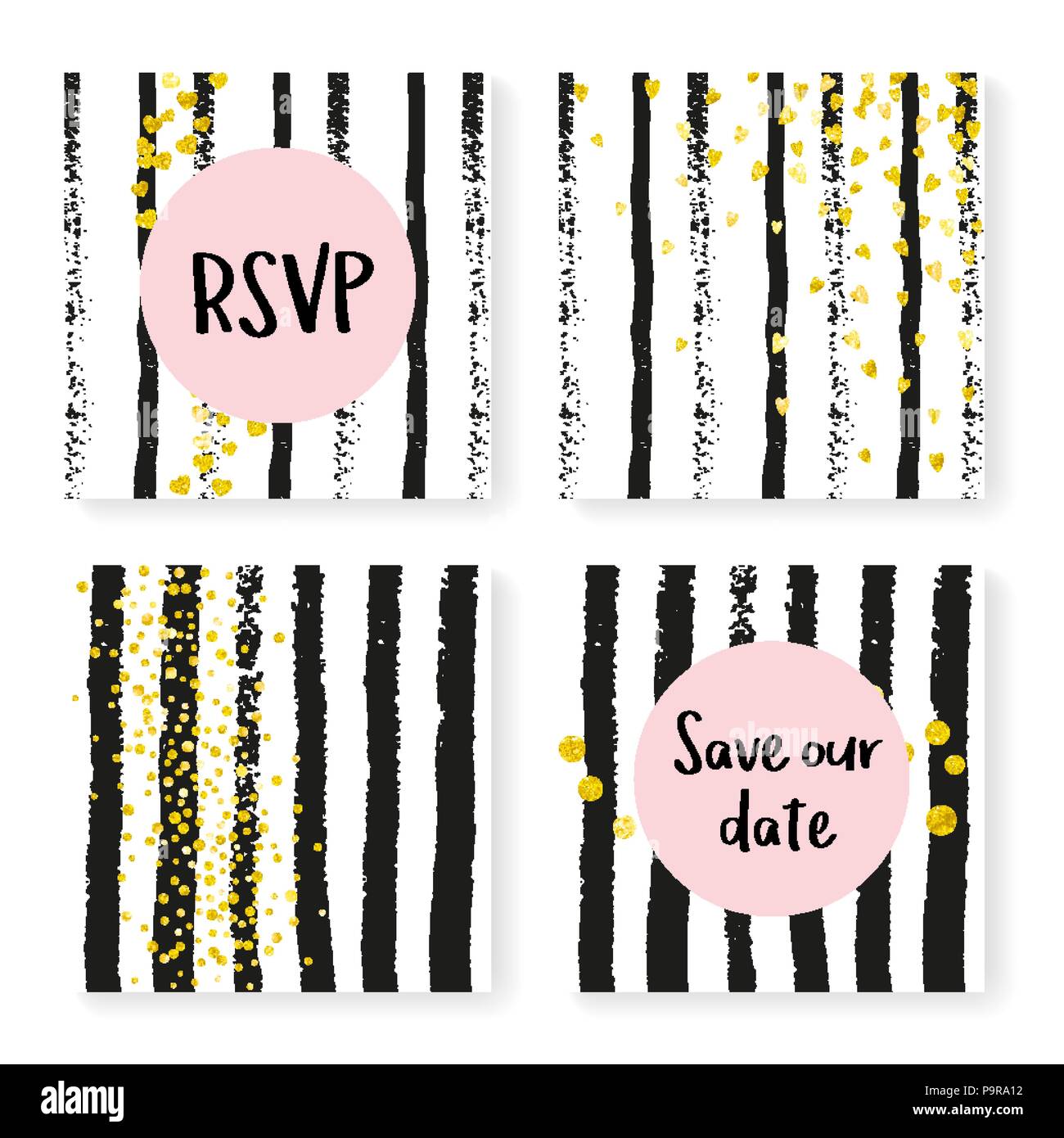 Wedding glitter confetti on stripes, invitation set Stock Vector