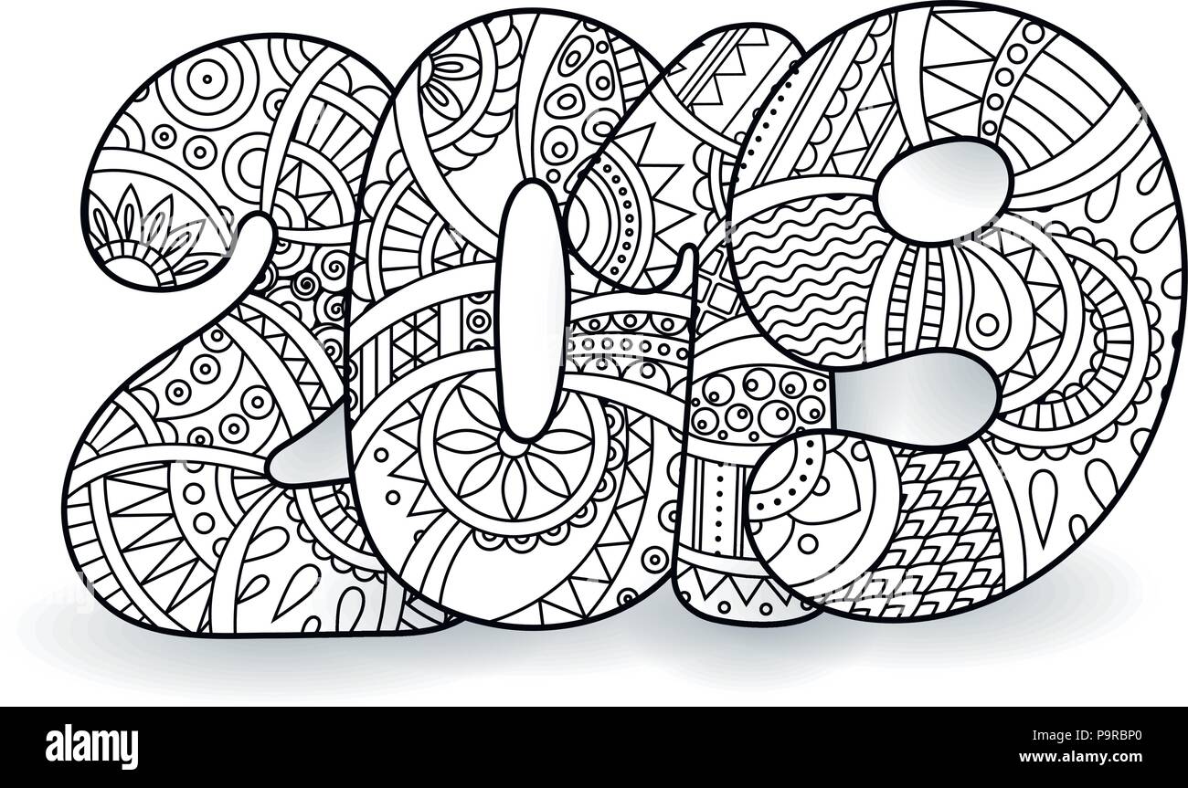 Happy New Year 2019 celebration number. Vector Xmas illustration in zentangle. Christmas background. Stock Vector