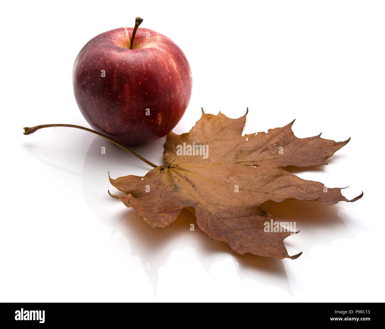 One whole Gala apple with maple leaf isolated on white background