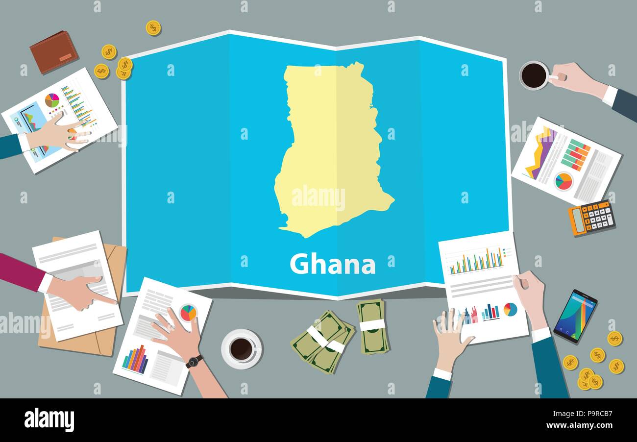 ghana africa economy country growth nation team discuss with fold maps view from top vector
