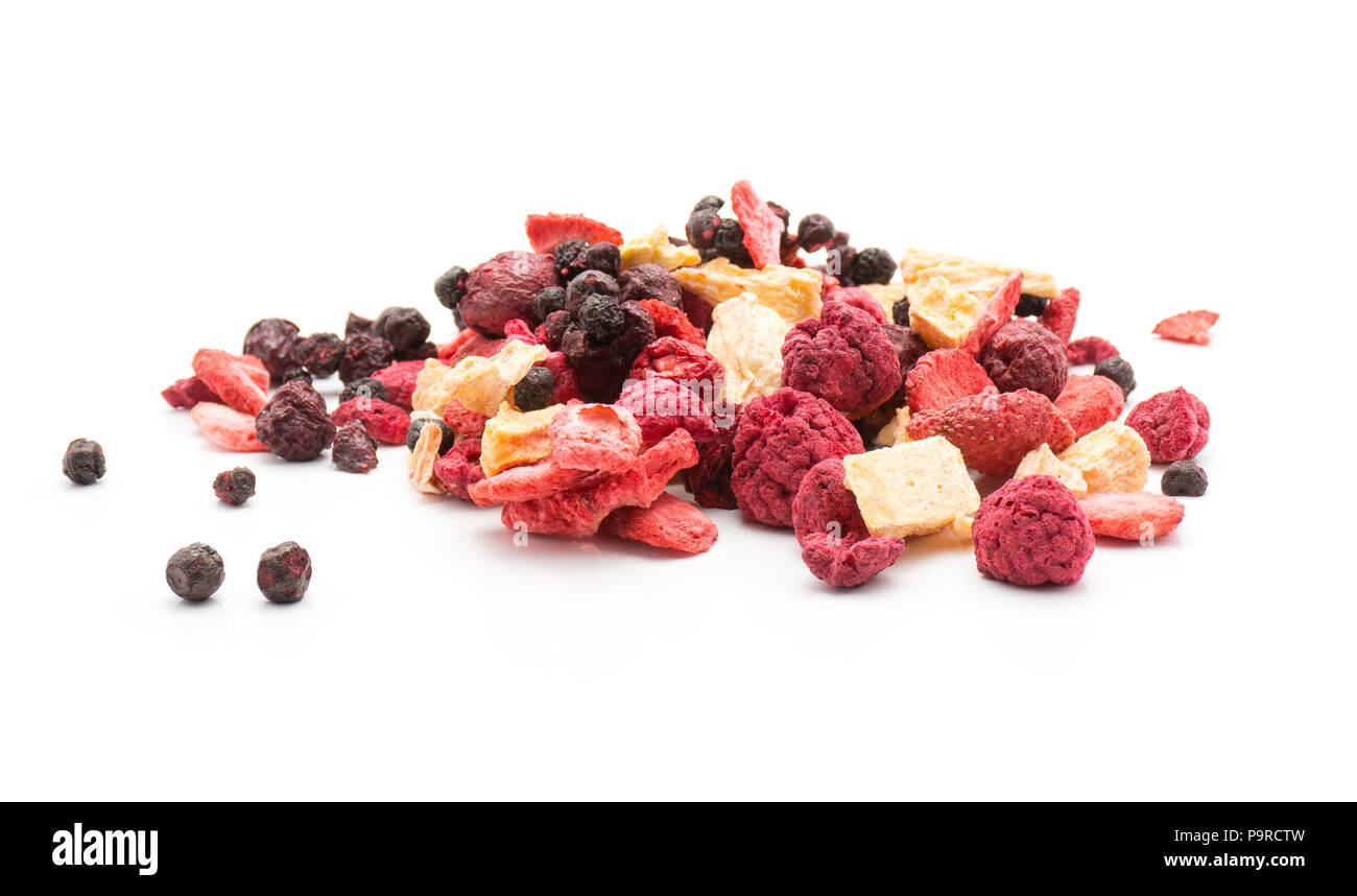 Freeze dried berries mix stack isolated on white background Stock Photo