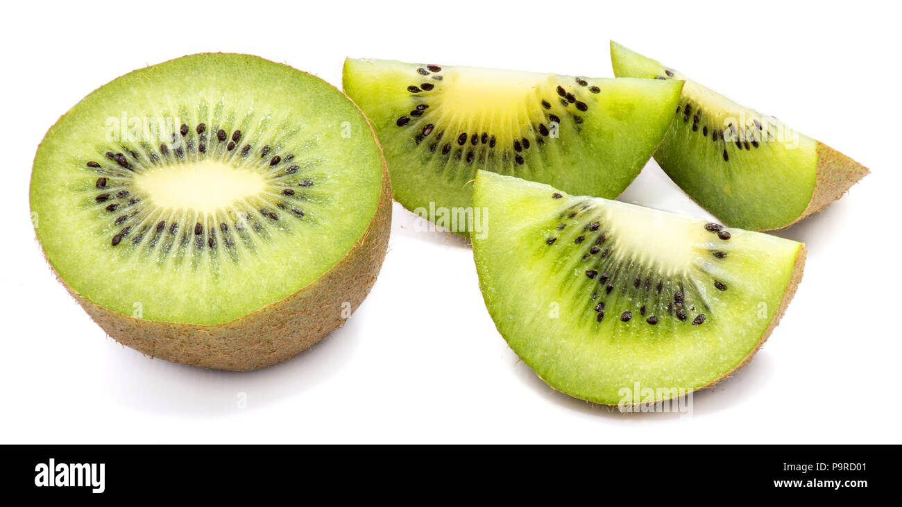 Three kiwi fruit (Chinese gooseberry) slices and one half isolated on